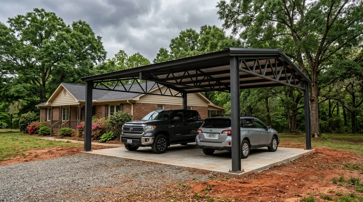 Custom heavy-gauge steel carport protecting vehicles in Cameron, SC