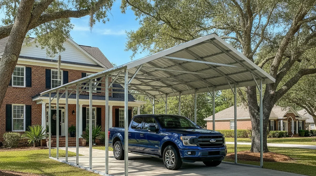 Metal square-tube carport in Holly Hill SC driveway