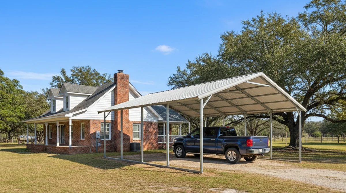 Lean-to metal carport attached to residential building
