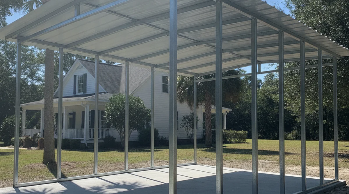 Square tube metal carport on concrete slab foundation
