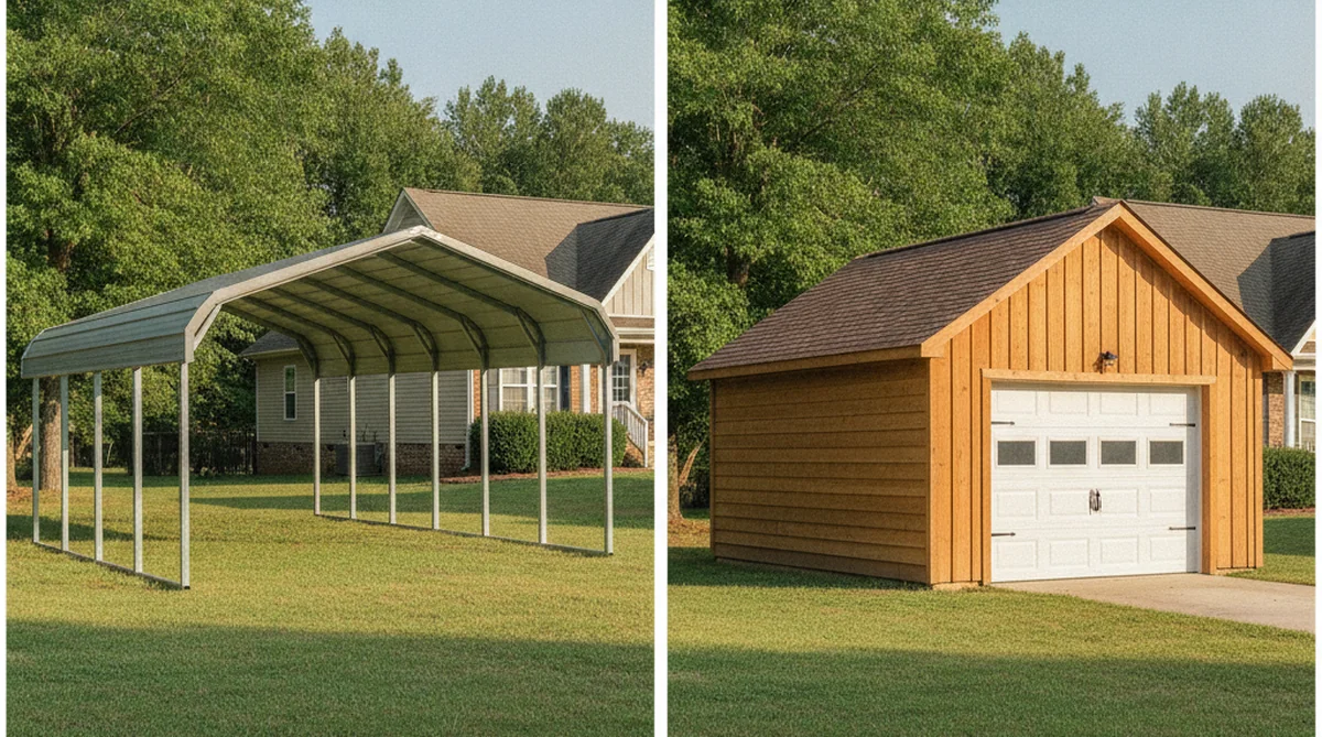 Metal carport vs wooden garage comparison in Bamberg SC